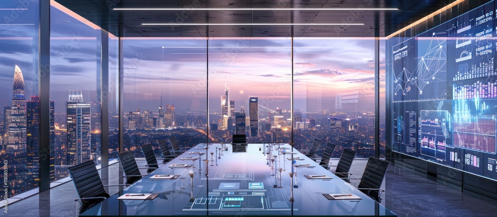 Poster modern panoramic city view from a glass conference room with a large interactive screen displaying d