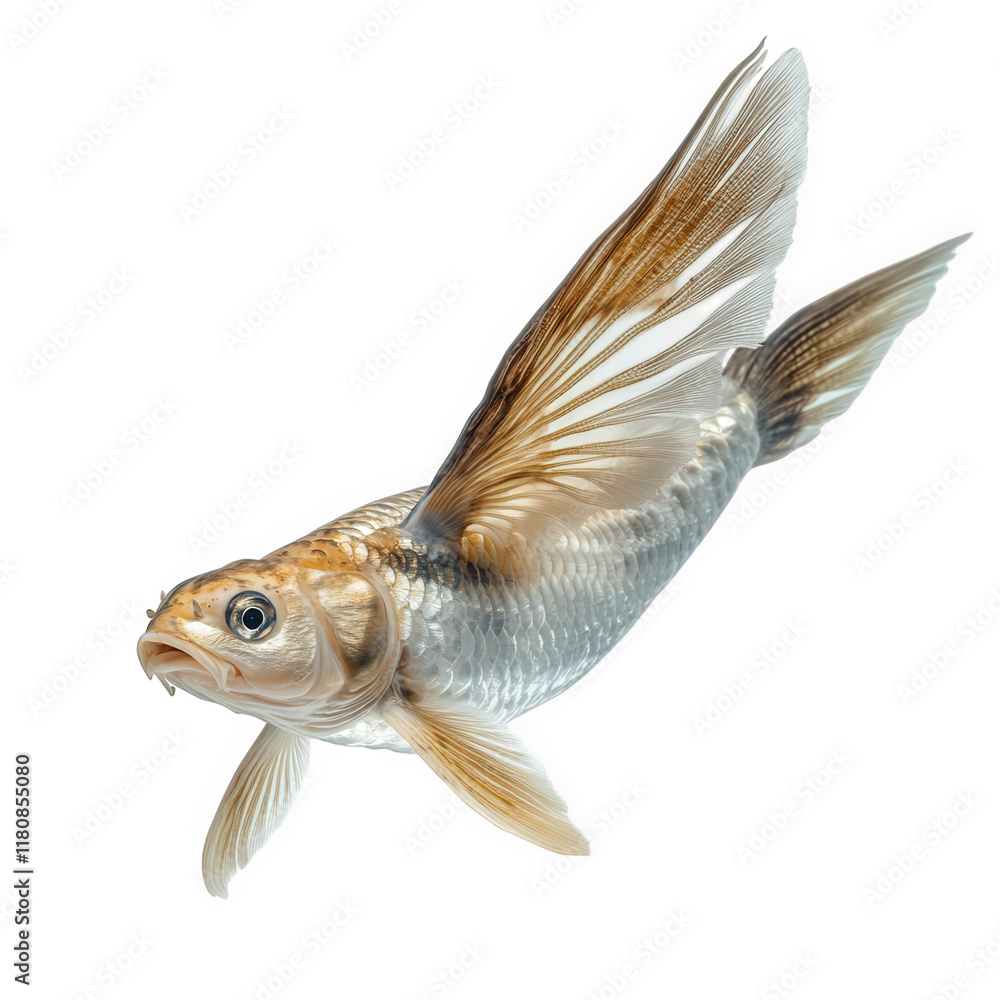 Poster a goldfish with wings. appearing to fly through a white background. creating a whimsical and surreal