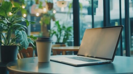 Front view of cup and laptop on table in office and background in the coffee shop