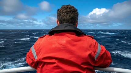 Fototapeta premium Contemplative Sailor on a Rough Sea, Back View