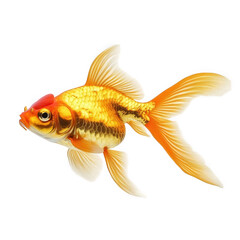 Fototapeta premium vibrant. golden goldfish swimming gracefully against a clean. white background its flowing fins and distinctive red crown highlight its beauty. making it an appealing representation of aquatic life th