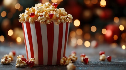 Caramel popcorn in striped bucket with Christmas lights.