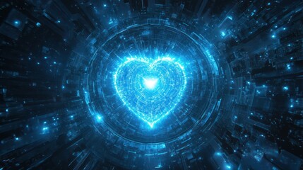 Glowing heart in futuristic digital core; abstract background