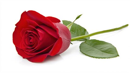 Naklejka premium Single Red Rose with Green Leaves on White Background for Romantic Occasions