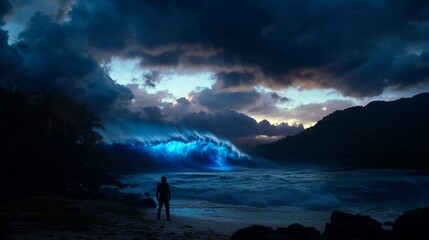 Solitary Figure Witnessing a Bio Luminescent Wave at Dusk
