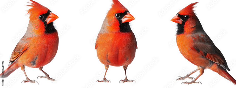 Poster three cardinal birds. showcasing their vibrant red plumage from different angles each bird displays 