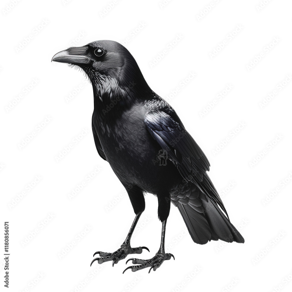 Poster detailed and realistic depiction of a raven. showcasing its glossy black feathers and sharp beak aga