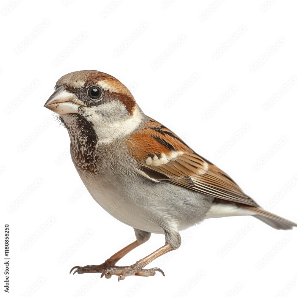 Poster a sparrow showcasing its detailed feathers and features against a plain white background the bird is