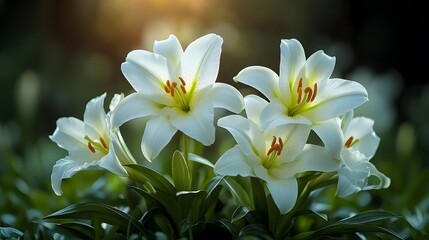 Fototapeta premium A religious Easter scene featuring a cross and white lilies, highlighting the themes of resurrection and faith