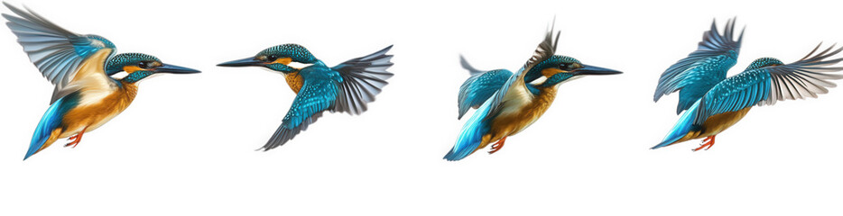 Obraz premium series of illustrations of a kingfisher in various flying poses. showcasing its vibrant blue and orange plumage the dynamic positions highlight the bird's agility and beauty. making it an appealing re