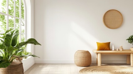 Stylish 3D Rendering of a Scandinavian Wall Mockup Featuring Minimalist Design and Natural Elements