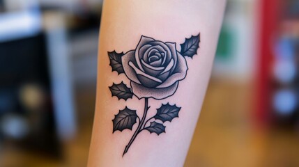 A detailed black and gray tattoo of a rose with leaves on a person's forearm.