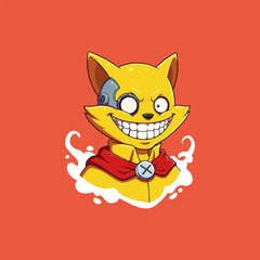 A stylized cartoon illustration depicts a cheerful robotic cat wearing a red cape and displaying a mischievous grin.