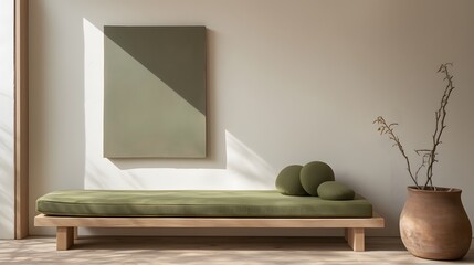 A minimalist daybed with an abstract green painting and natural light in a serene, modern space