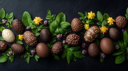 Chocolate eggs in various shapes and candy treats surrounded by spring flowers and greenery