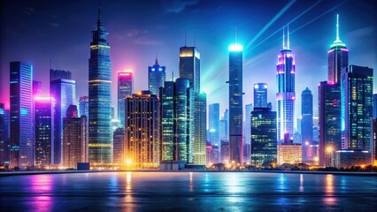 City skyline at night with tall buildings and skyscrapers, illuminated by neon lights and streetlights , high-rise buildings, urban landscape