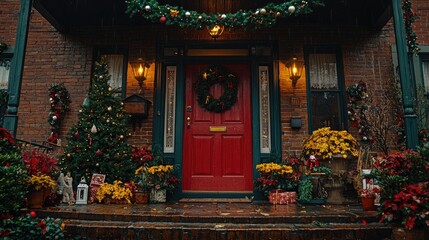 Fototapeta premium Festive Christmas Decorated Brick House Entrance