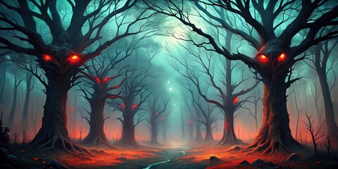 Fototapeta premium A dark and eerie forest with twisted trees and glowing red eyes in the sky, eyes, forest, eyes, forest, spooky, darkness