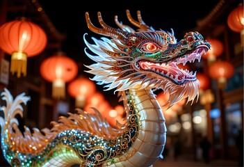 Fototapeta premium A Majestic Chinese dragon posing in front of blurred lanterns in night 