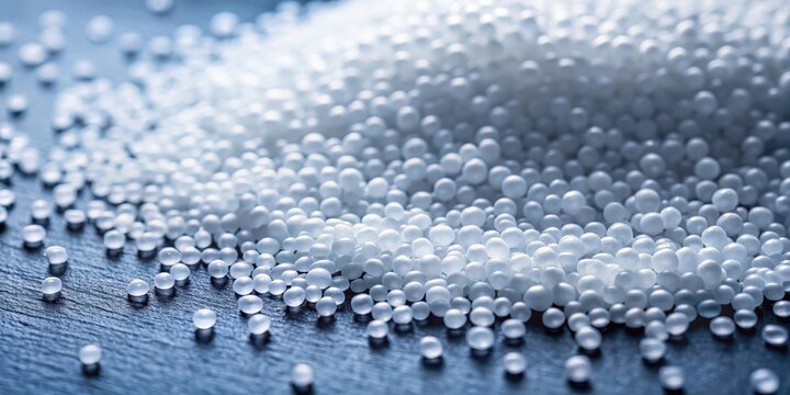 Fine granules of polypropylene material scattered on a flat surface , table top, close-up
