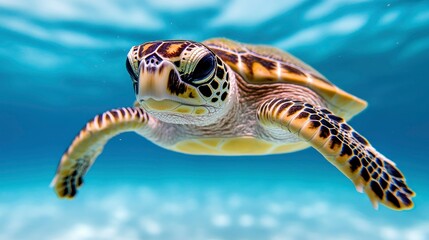 Juvenile Sea Turtle Swimming Underwater in Vibrant Blue Ocean