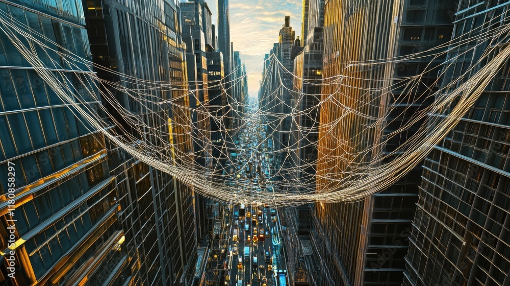 Aufkleber aerial view of a city street with a web-like structure spanning between skyscrapers.