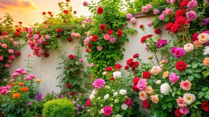 Fototapeta premium Beautiful rose garden wall background with lush greenery and vibrant flowers, set against a soft white or cream-colored wall