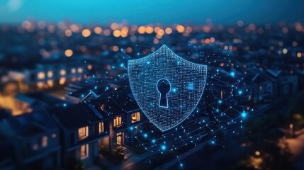 Nighttime city, digital shield protecting homes