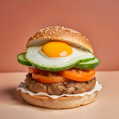 Delicious Burger with Fried Egg and Fresh Vegetables