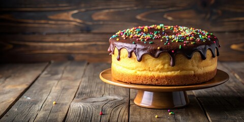 Moist vanilla sponge cake topped with rich chocolate frosting and colorful sprinkles on a rustic wooden table , food styling, dessert