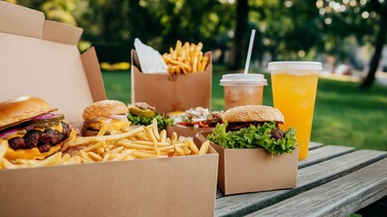 Close-up of fast food hamburgers, fries and drinks on a park bench, on a green background.