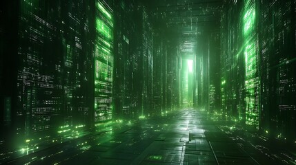 Green digital corridor, glowing data stream.