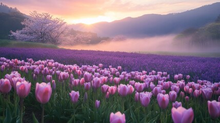 A serene landscape featuring vibrant tulips and cherry blossoms at sunrise.