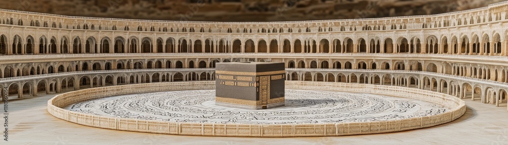 Poster a stylized depiction of a sacred structure surrounded by intricate architecture.