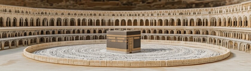 A stylized depiction of a sacred structure surrounded by intricate architecture.