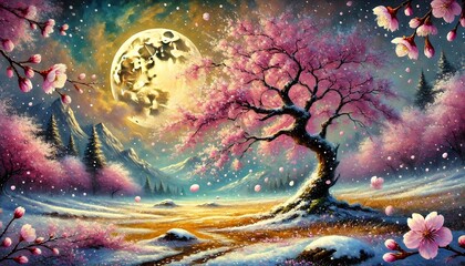 Fototapeta premium Golden Moonlit Sakura and Snow: A Dreamlike Fusion of Winter and Spring