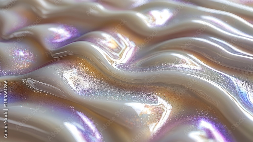 Poster close-up of iridescent, organic texture: abstract background with shimmering, flowing waves and pear