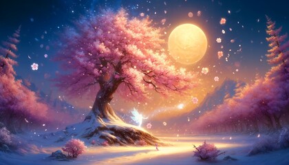 Golden Moonlit Sakura and Snow in a Magical Nighttime Fantasy
