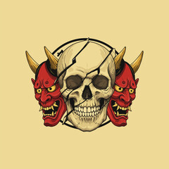 A cracked human skull is flanked by two red oni masks with gold horns and sharp teeth creating a visually striking and intense image.