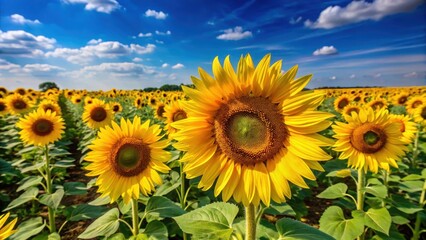 Obraz premium Vibrant sunflower field with golden yellow petals and dark centers against a clear blue sky on a warm summer day, nature