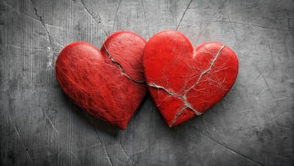 Obraz premium Two red hearts intertwined as a single symbol with subtle cracks and frayed edges, bond, closeness , bond