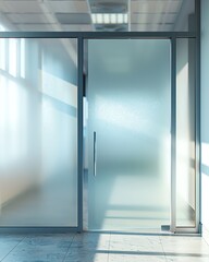 Modern glass door and wall with frosted privacy design in a bright office space.