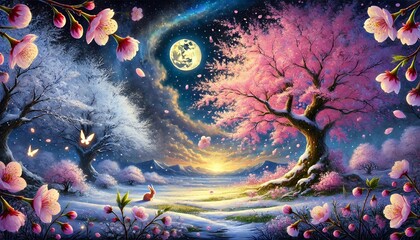 Obraz premium Harmony of Snow and Cherry Blossoms Under Golden Moonlight in a Fantasy Night