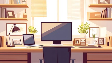 A modern home office setup with a desk, laptop, and organized workspace, offering a comfortable and productive environment