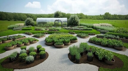 A lush garden layout featuring various plants and a greenhouse in a scenic landscape.