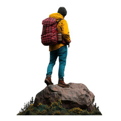 Solo hiker standing on a rock, enjoying nature's beauty in a vibrant yellow jacket against a white background.