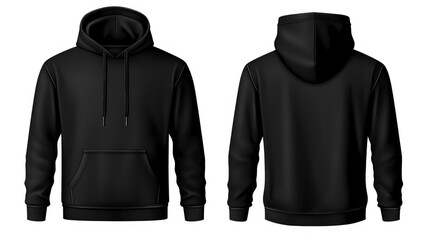 Stylish black hoodie, front and back view, on a white isolated background.
