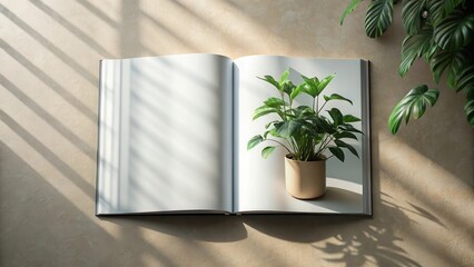 A modern open magazine mockup with a customizable background and plant shadows in soft focus, creating a sense of depth and texture , open magazine, soft focus