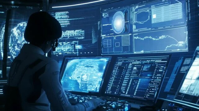 A high-tech control room featuring a professional operating advanced digital interfaces and holographic screens. The immersive blue-lit environment showcases futuristic data analysis, global 