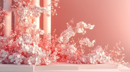 Enchanting 3D Stage Backdrop with Blossoming Florals and Romantic Gradients